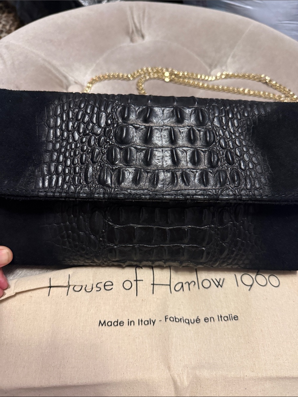 House of Harlow 1960 Black Croc-Embossed Suede Clutch with Gold Chain - Picture 2 of 9